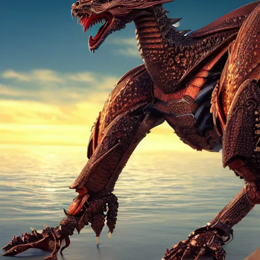 Image similar to a highly detailed close up of a beautiful majestic anthropomorphic robot female dragon, with smooth and streamlined armor, standing and posing elegantly on a beach, well detailed head, with sharp claws on her hands and feet, two arms, two legs, long tail, artstation, DeviantArt, professional, octane render, sunset lighting