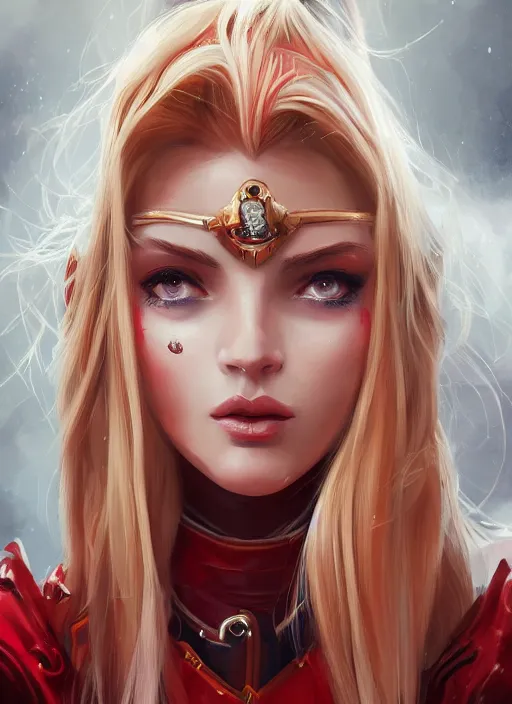 Prompt: a highly detailed illustration of beautiful long dirty blonde haired pale girl wearing red epaulette uniform, red eyes, dramatic seductive pose, curvaceous, intricate, elegant, highly detailed, centered, digital painting, artstation, concept art, smooth, sharp focus, league of legends concept art, WLOP