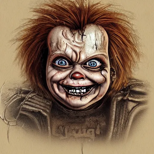 Image similar to surrealism grunge cartoon portrait sketch of chucky with a wide smile, by michael karcz, loony toons style, freddy krueger style, horror theme, detailed, elegant, intricate