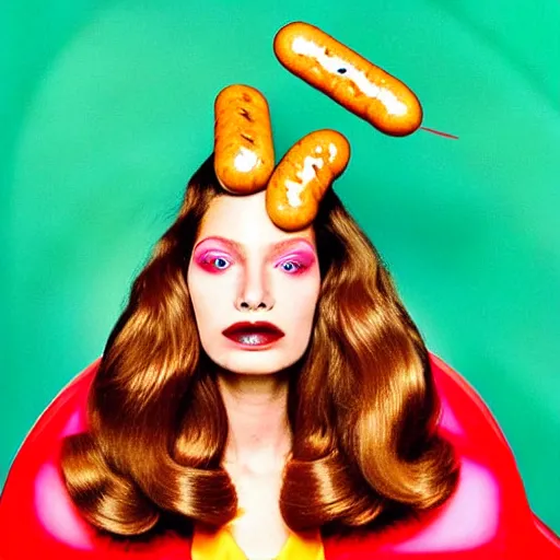 Prompt: a portrait of a beautiful fashion model that curls her hair using hot dogs. surreal photograph, toiletpaper magazine, 3 5 mm photograph, colourful, by pierpaolo ferrari, maurizio cattelan