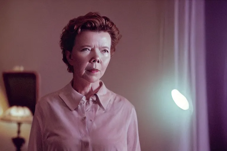 Prompt: film still of annette bening i'm cosmic horror! the musical by david cronenberg, 3 5 mm film, atmospheric, ultra fine detail, film grain, photorealistic