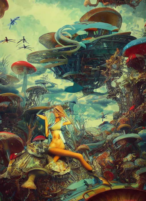 Image similar to surreal gouache painting, by yoshitaka amano, by ruan jia, by Conrad roset, by good smile company, detailed anime 3d render of a wild mushroom Surrounded by magical Dragonflies and a big DJ Mixer, deck, portrait, cgsociety, artstation, rococo mechanical and Digital and electronic, dieselpunk atmosphere