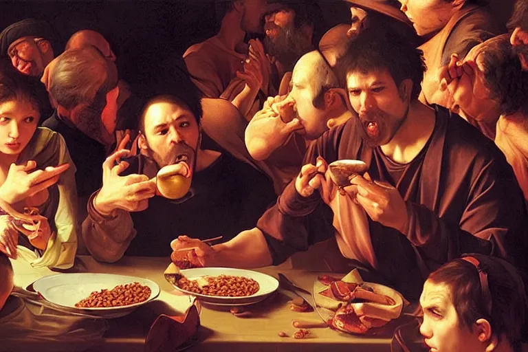 Prompt: a man eating beans in a crowded movie theater lit by the theater screen, a digital renaissance painting by artgerm by caravaggio and face by wlop
