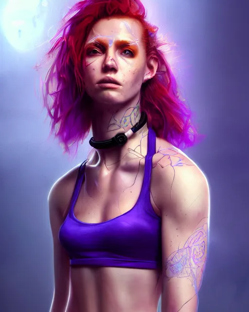 Image similar to cyberpunk hacker wearing purple halter top, perfect face, ginger hair, abs, cinematic, freckles, stunning, cute, adorable, athletic, strong, agile, highly detailed, psychedelic, digital painting, artstation, smooth, hard focus, illustration, art by jessica rossier and and brian froud