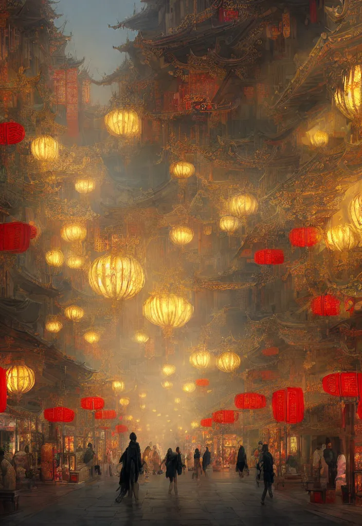 Image similar to epic scenery of a shopping street in the Chinese imperial city, intricate, elegant, volumetric lighting, digital painting, highly detailed, artstation, sharp focus, illustration, concept art, ruan jia, steve mccurry