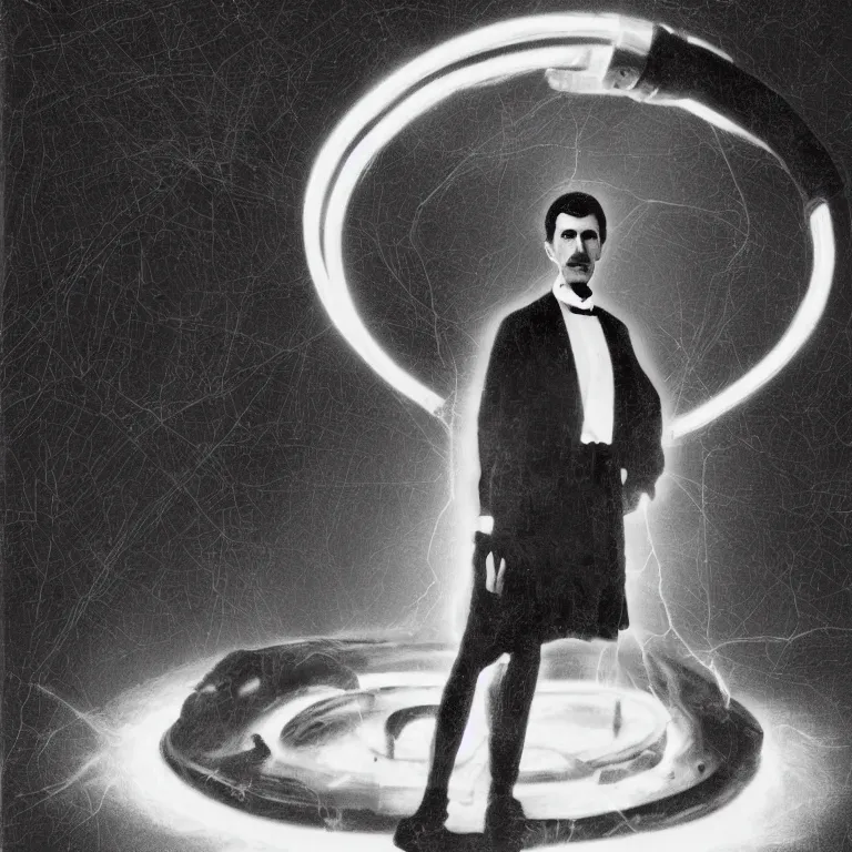 Prompt: Portrait of Nikola Tesla near the giant coil with lightings, photorealistic