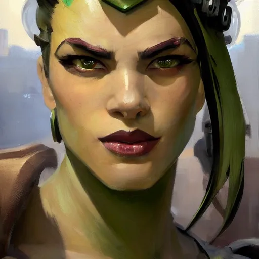 Image similar to greg manchess close - up portrait painting of a beautiful female dieselpunk orc with olive green skin as an overwatch character, medium shot, asymmetrical, profile picture, organic painting, sunny day, matte painting, bold shapes, hard edges, street art, trending on artstation, by huang guangjian and gil elvgren and sachin teng