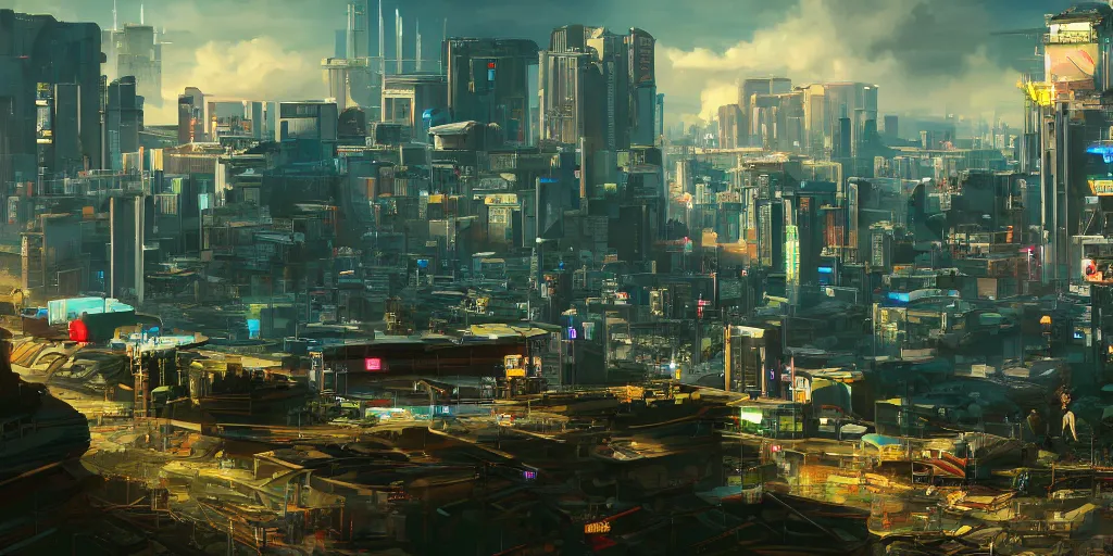Prompt: a cinematic composition depicting : a computer run cyberpunk and solarpunk world, viewed from the cyberpunk mountain overlooking solarpunk valley