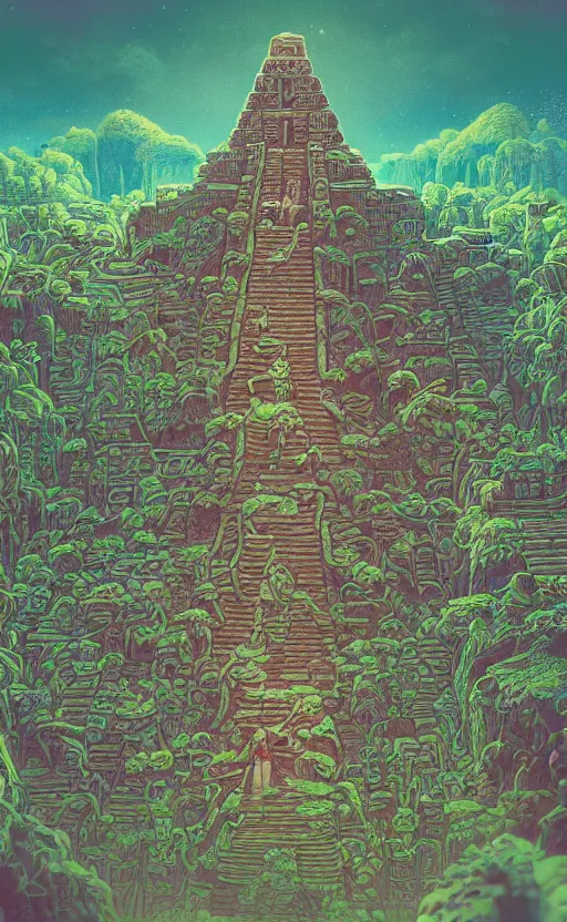 Image similar to a mayan temple, microscopic tardigrade, microbiology, magical forest, ruins, civilization, vegetation, futuristic, sharp focus, electric swirls, backlight, risograph, intricate details, disney pixar, james gilleard, moebius, print, iridescent, global illumination, anime, game art
