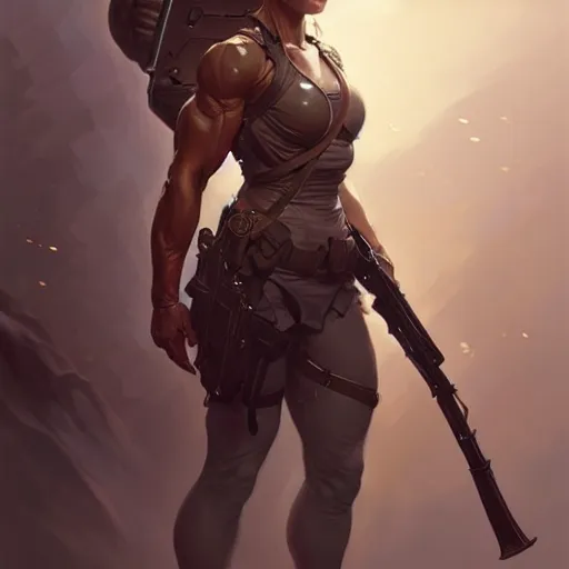 Prompt: female soldier, muscular upper body, D&D, fantasy, intricate, elegant, highly detailed, digital painting, artstation, concept art, smooth, sharp focus, illustration, art by artgerm and greg rutkowski and alphonse mucha