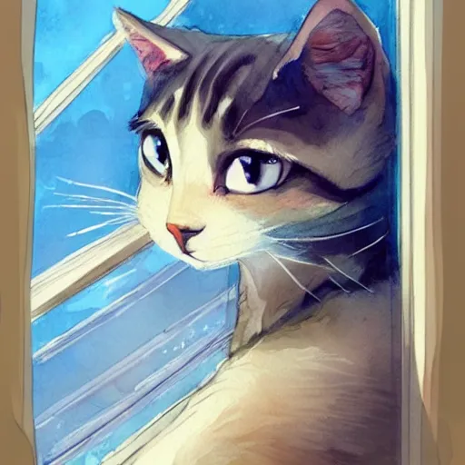 Prompt: head and shoulders masterpiece portrait of a cute adorable cat on a window sill at sunset, digital art watercolor by krenz cushart and hayao miyazaki, trending on artstation, cgsociety, rich vivid color