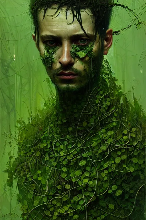 Image similar to detailed portrait of person made of green vines, plants, horror, gritty, elegant, luxury, by ismail inceoglu dragan bibin hans thoma greg rutkowski alexandros pyromallis nekro rene maritte illustrated, perfect face, fine details, realistic shaded