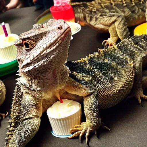 Prompt: a group of bearded dragons having a birthday party
