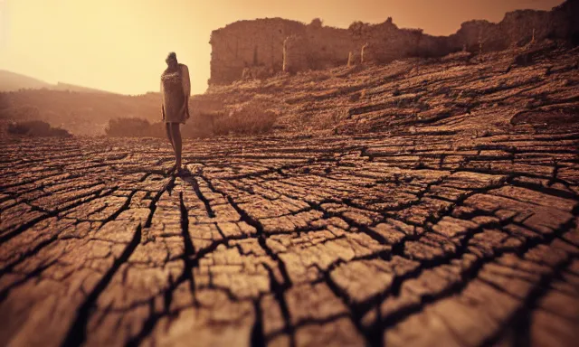 Image similar to medium shot of a nondescript crying ancient dried up Danu, peaceful, facing the camera and standing in front of a dried up river in a desolate land, dead trees, blue sky, hot and sunny, highly-detailed, elegant, dramatic lighting, artstation, 4k, cinematic landscape, photograph by Elisabeth Gadd