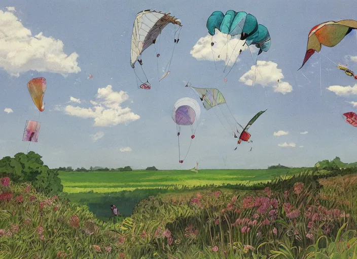 Prompt: a vast open meadow and rolling hills, pleasant village, stream river, kites in air, large fluffy clouds, painted by studio ghibli