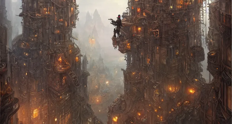 Image similar to landscape painting of fantasy metal steampunk city with walkways and lit windows and a hooded thief in browns leathers climbing one of the tall buildings using a rope, fine details, magali villeneuve, artgerm, rutkowski