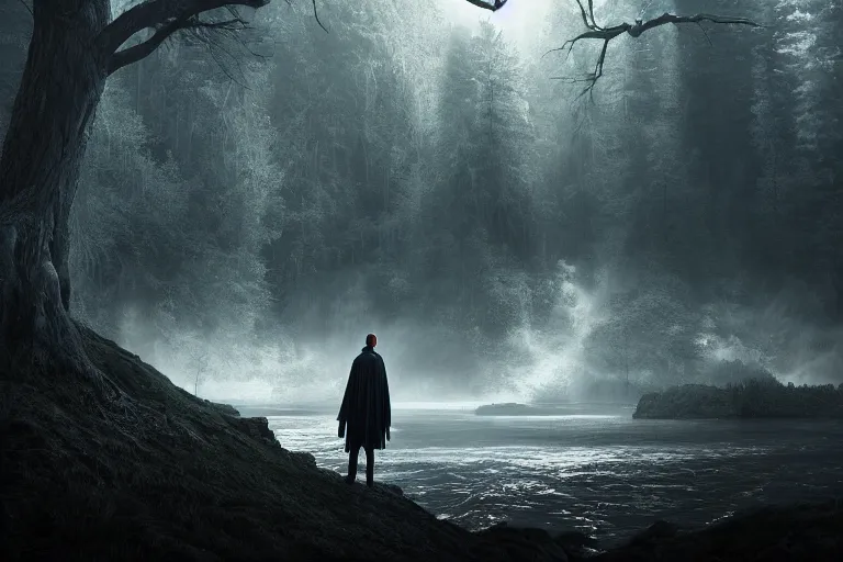 Prompt: an ultra realistic, cinematic headshot portrait, of an evil wizard, background of a vast serene landscape, with trees and rivers, detailed, deep focus, movie still, dramatic lighting, ray tracing, by michal karcz and yoshitaka amano