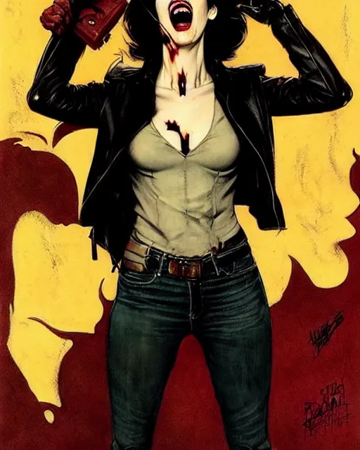 Image similar to Rafael Albuquerque comic cover art, Norman Rockwell, Joshua Middleton, pretty Eva Green vampire, sharp vampire teeth, sarcastic smile, symmetrical eyes, symmetrical face, brown leather jacket, jeans, long black hair, full body, building on fire, cool colors