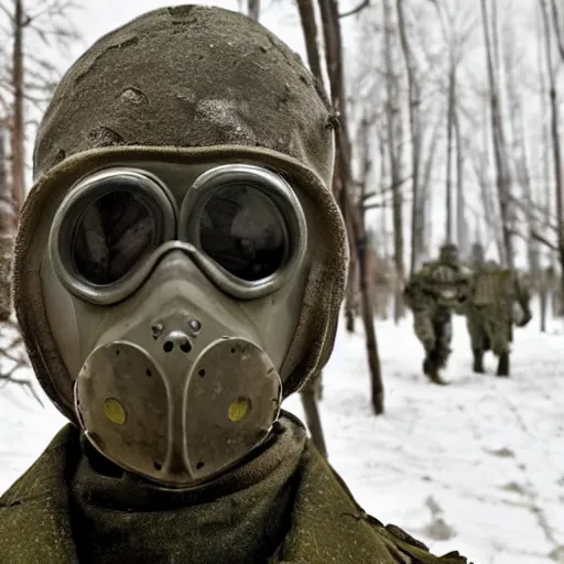 Image similar to russian soldier in gas masks found the last alive ukrainian after a nuclear war, skin damaged by, nuclear fallout everywhere