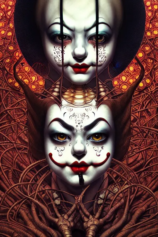 Image similar to 🤡, dynamic lighting, depth details, intricate, symmetrical lines, smooth, extremely highly detailed, by bambang nurdianshyah, garis edelweiss, roby dwi antono and ayami kojima, takato yamamoto, barclay shaw, karol bak, yukito kishiro, norman rockwell