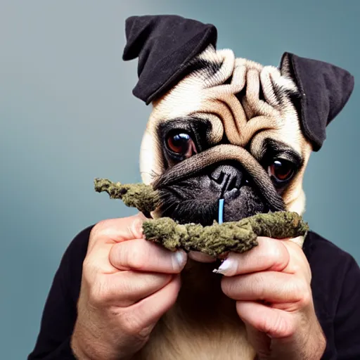 Prompt: pug with a rolled up spliff in its mouth with smoke, photo realistic, dslr camera