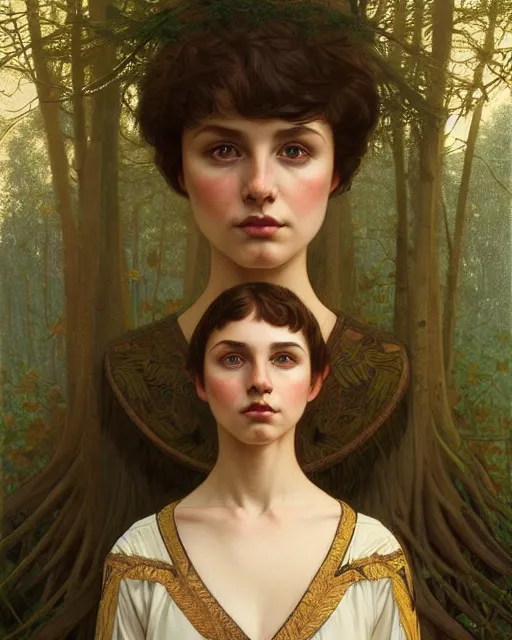 Image similar to symmetry portrait of welsh brunette student in mans tunic, embroidery, tomboy, short hair, intricate forest background, intricate, elegant, highly detailed, digital painting, artstation, concept art, smooth, sharp focus, illustration, art by artgerm and greg rutkowski and fra angelico and alphons mucha