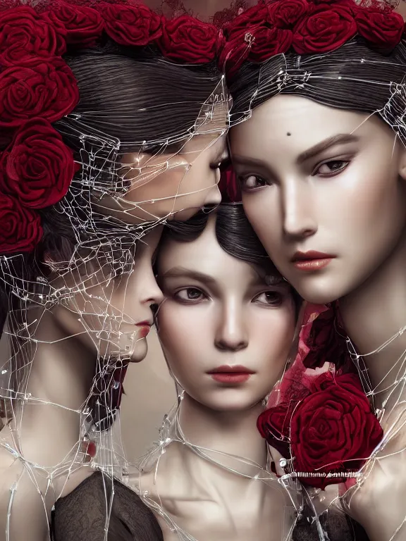 Image similar to a complex 3d concept art ultra detailed of two tulle wrapped perfect human face female half android queens praying together with wires tangled behind them connected to giant computer,bowknot, fine lace. GUCCI,sculpture,red rose, sparkling, jewel embellishment, cyberpunk 2077, film lighting, by Stanely Artgerm, Tom Bagshaw, Andrei Riabovitchev, aaron horkey, trending on pinterest,ZBrush, full of color, luxury, mythological, ultra realistic, high detail,golden ratio,cinematic lighting