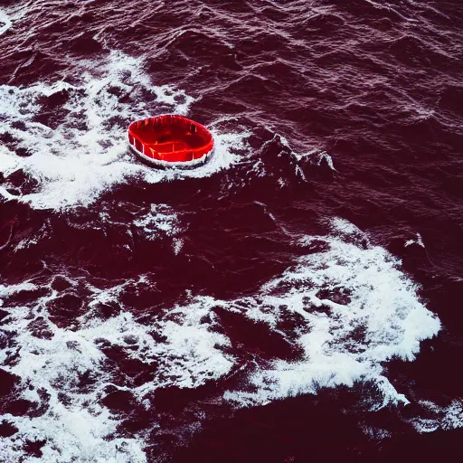 Image similar to a lonely boat floating in the turbulent red ocean, tsunami, fierce huge waves, dangerous depressing atmosphere, dark tone, illustration, aerial view, evil