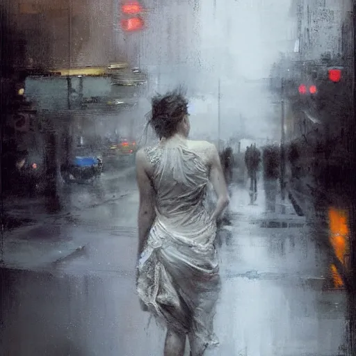 Image similar to full length portrait of a beautiful goddess, dancing in the rain, by Jeremy Mann, detailed, stylized, loose brush strokes, intricate, realistic, exaggerated lighting, sense of scale, free, melancholy