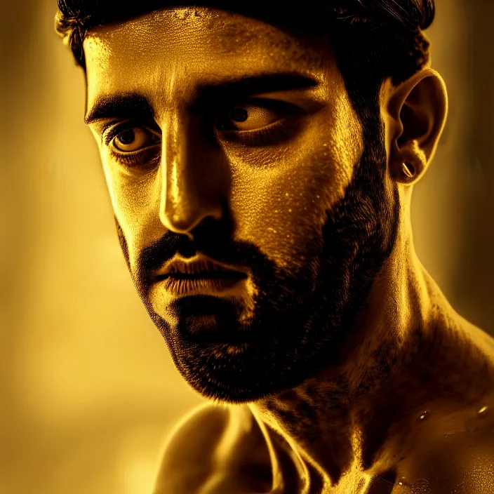 Image similar to cinematic bust portrait, sheikh, sultan, emir, head and chest only, dramatic pose, contemporary, masterpiece, cinematic composition, dramatic pose, beautiful lighting, sharp, details, hyper - detailed, hd, 4 k