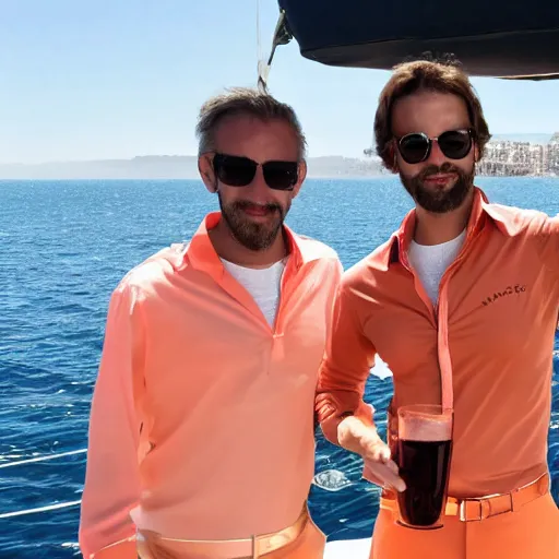 Prompt: two proud and elegantly dressed half man half shrimp creatures standing on a yacht drinking glowing aperol spritz with highly detailed shiny golden shrimp legs