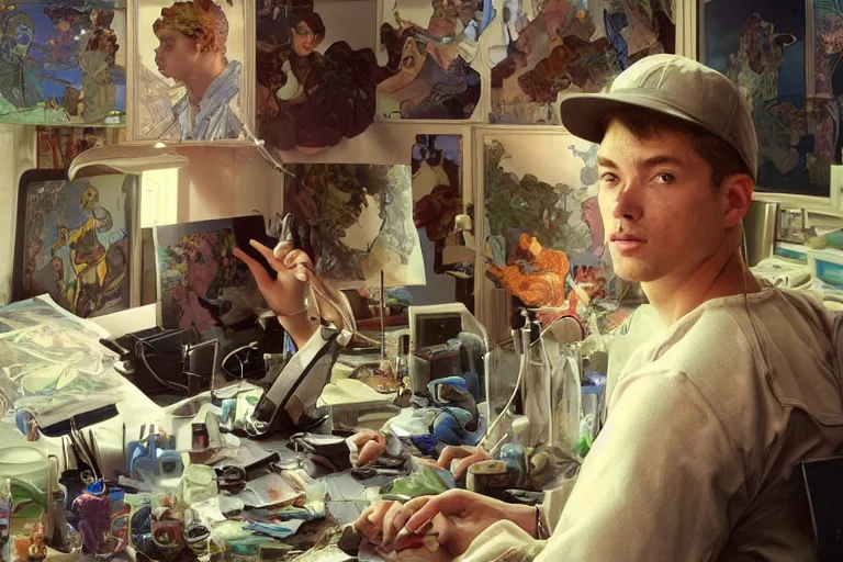 Prompt: a computer graphics artist man with a ballcap in a messy room at the computer animating, ultra realistic, concept art, intricate details, serious, highly detailed, photorealistic, octane render, 8 k, unreal engine. art by artgerm and greg rutk owski and alphonse mucha