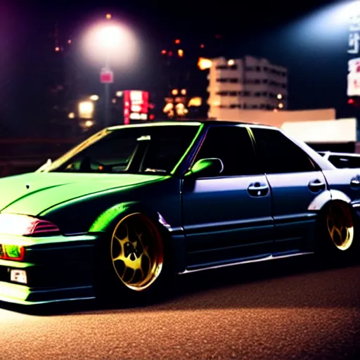 Image similar to a car JZX100 turbo drift at illegal car meet, Shibuya prefecture, midnight mist lights, cinematic color, photorealistic, highly detailed wheels, highly detailed