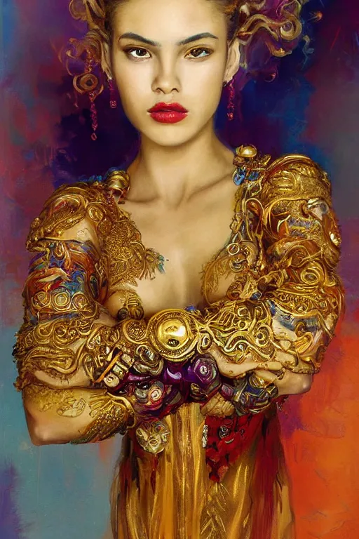 Prompt: an epic painting of a 1 9 years old girl figure, curly messy high bun hairstyle, oriental tattoos, subject wearing a gold and ruby high fashion gown, flowing, ornate, beautiful, dramatic earth colors, with few vivid purple highlights, symmetrically isometrically centered, by jeremy mann and greg rutkowski, artstation, oil on canvas