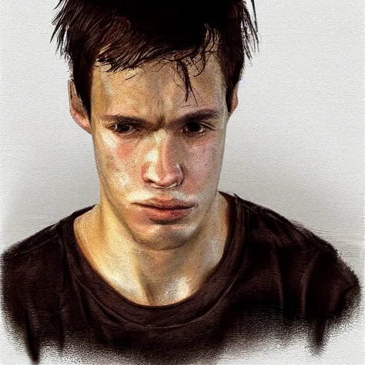 Image similar to Portrait of a man by Greg Rutkowski, he is about 20 years old, mixture between french ans spanish, short brown hair with bangs, manly, attractive, wide forehead, sturdy, he is horrified but resigned looking at the computer screen knowing the schedule for the second semester, he is wearing a black t-shirt, highly detailed portrait, digital painting, artstation, concept art, smooth, sharp foccus ilustration, Artstation HQ