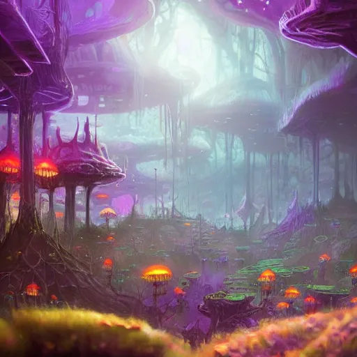 Image similar to concept art detailed painting of a dark purple fantasy fairytale fungal town made of mushrooms, with glowing blue lights, in the style of jordan grimmer and neil blevins and wayne barlowe