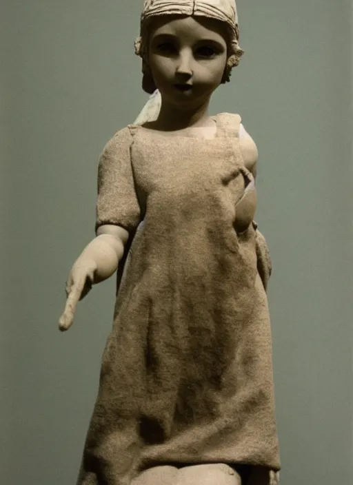 Prompt: realistic photo of a a ancient girl sculpture doll made of white clay, holding a pigeon, greyscale grain 1 9 6 0, life magazine photo, natural colors, metropolitan museum, kodak