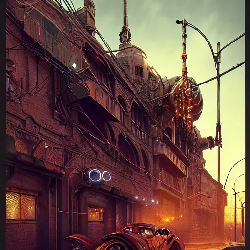 Image similar to cyborg cyber vintage supercar slick warm tones : by michal karcz, daniel merriam, victo ngai and guillermo del toro : ornate, dynamic, particulate, intricate, elegant, highly detailed, centered, artstation, smooth, sharp focus, octane render