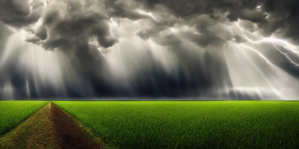 Image similar to detailed fields nature, super storm, hyper - realistic, impressive, atmospheric, god rays, cinematic, deep colors, very high complexity, stunning, masterpiece, 3 5 mm, very detailed. 4 k