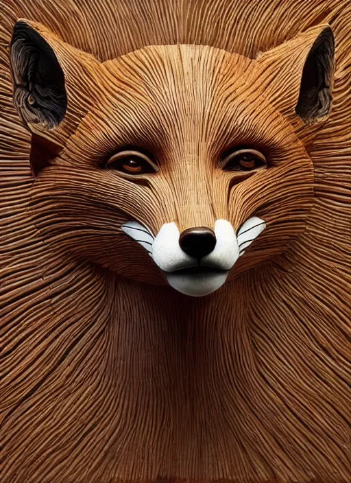 Prompt: sculpture of fox made of wood, portrait, female, future, wood, tree, harper's bazaar, vogue, magazine, insanely detailed and intricate, concept art, close up, ornate, luxury, elite, elegant, trending on artstation, by ruan jia, by Kenneth Willardt, by ross tran, by WLOP, by Andrei Riabovitchev,