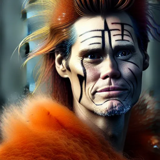 Prompt: portrait painting of jim carrey with a soft expression and short light orange hair and tribal tattoos on his face wearing fur armor, ultra realistic, concept art, intricate details, eerie, highly detailed, photorealistic, octane render, 8 k, unreal engine. art by artgerm and greg rutkowski and charlie bowater and magali villeneuve and alphonse mucha