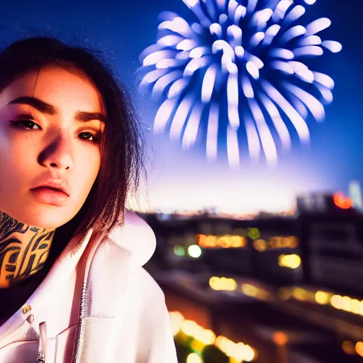 Prompt: photographic portrait of a streetwear woman, closeup, on the rooftop of a futuristic city overlooking a desert oasis at night, fireworks light up the night sky, sigma 85mm f/1.4, 4k, depth of field, high resolution, 4k, 8k, hd, full color