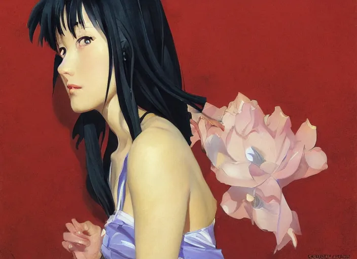 Prompt: a highly detailed beautiful portrait of misato katsuragi anime, by gregory manchess, james gurney, james jean