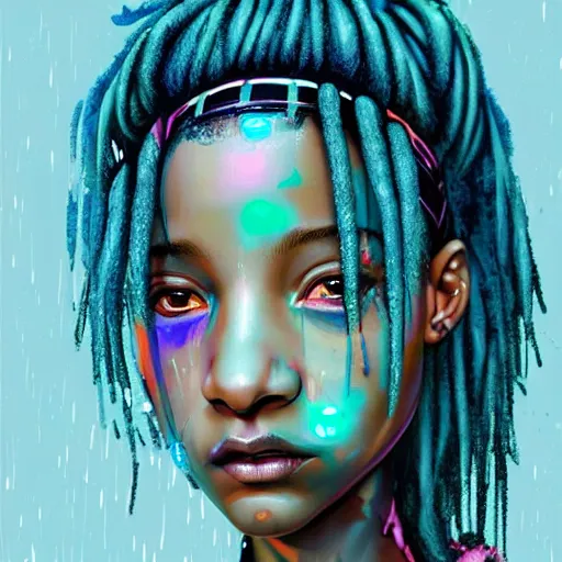 Prompt: a digital painting of willow smith in the rain with blue hair, cute - fine - face, pretty face, cyberpunk art by sim sa - jeong, cgsociety, synchromism, detailed painting, glowing neon, digital illustration, perfect face, extremely fine details, realistic shaded lighting, dynamic colorful background