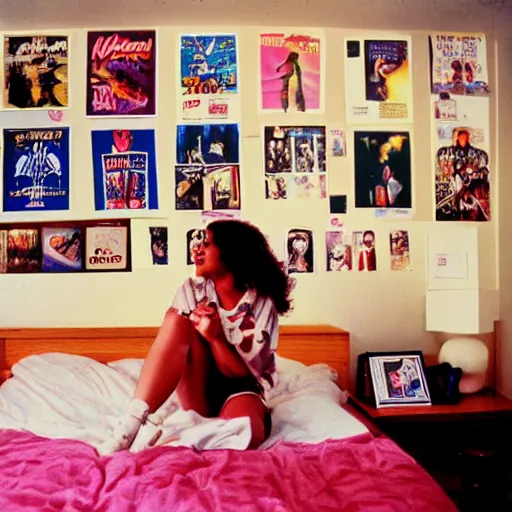 Prompt: 1 9 8 0 s college dorm room covered with posters from movies, pinups, bands, album covers, concert posters from the 1 9 8 0 s, light streaming in window, young woman laughing on bed.
