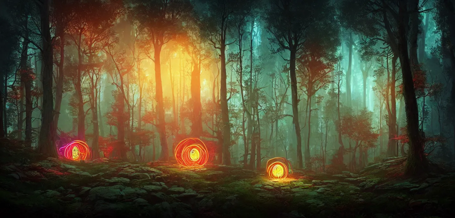 Prompt: random scary forest house landscape, round glowing multicoloured neon portal, central symmetrical composition, incredible, vector art, octane render, fabulous, hyper detailed, random cinematic view, no noise, global illumination, warm lighting, volumetric, godrays, vivid, beautiful, by jordan grimmer