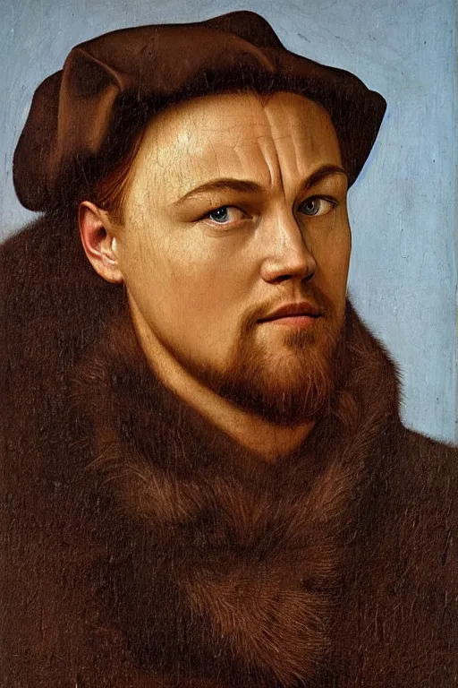 Image similar to portrait of leonardo dicaprio, oil painting by jan van eyck, northern renaissance art, oil on canvas, wet - on - wet technique, realistic, expressive emotions, intricate textures, illusionistic detail