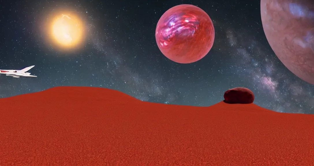 Image similar to ''red sand desert, gas giant in the sky, cactus in the forefront, crashed spaceship in the distance''