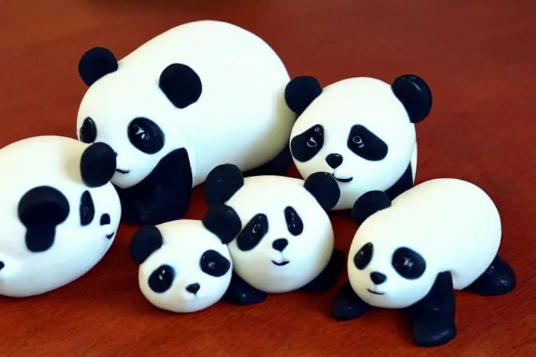 Image similar to a cute family of pandas made from playdough