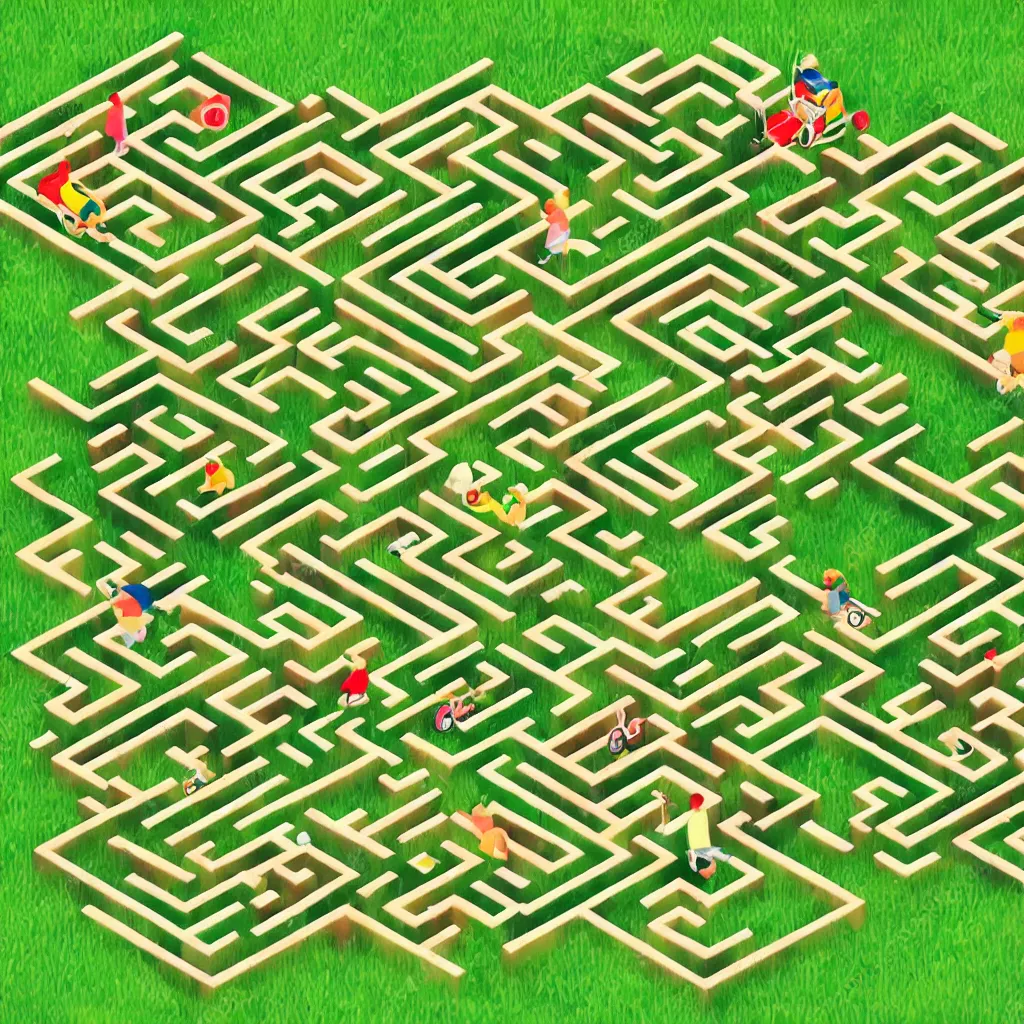 Prompt: wimmelbilder maze made of lawn with cartoon child mowing, isometric, very sharp